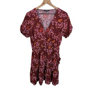 Madewell‎ Womens 10 Burgundy Floral Short Sleeve Ruffle Wrap Dress